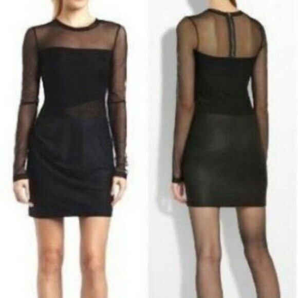 BCBGMAXAZRIA / Black Mesh Long Sleeve Fitted Short Mini Dress Sz XS - Picture 4 of 16